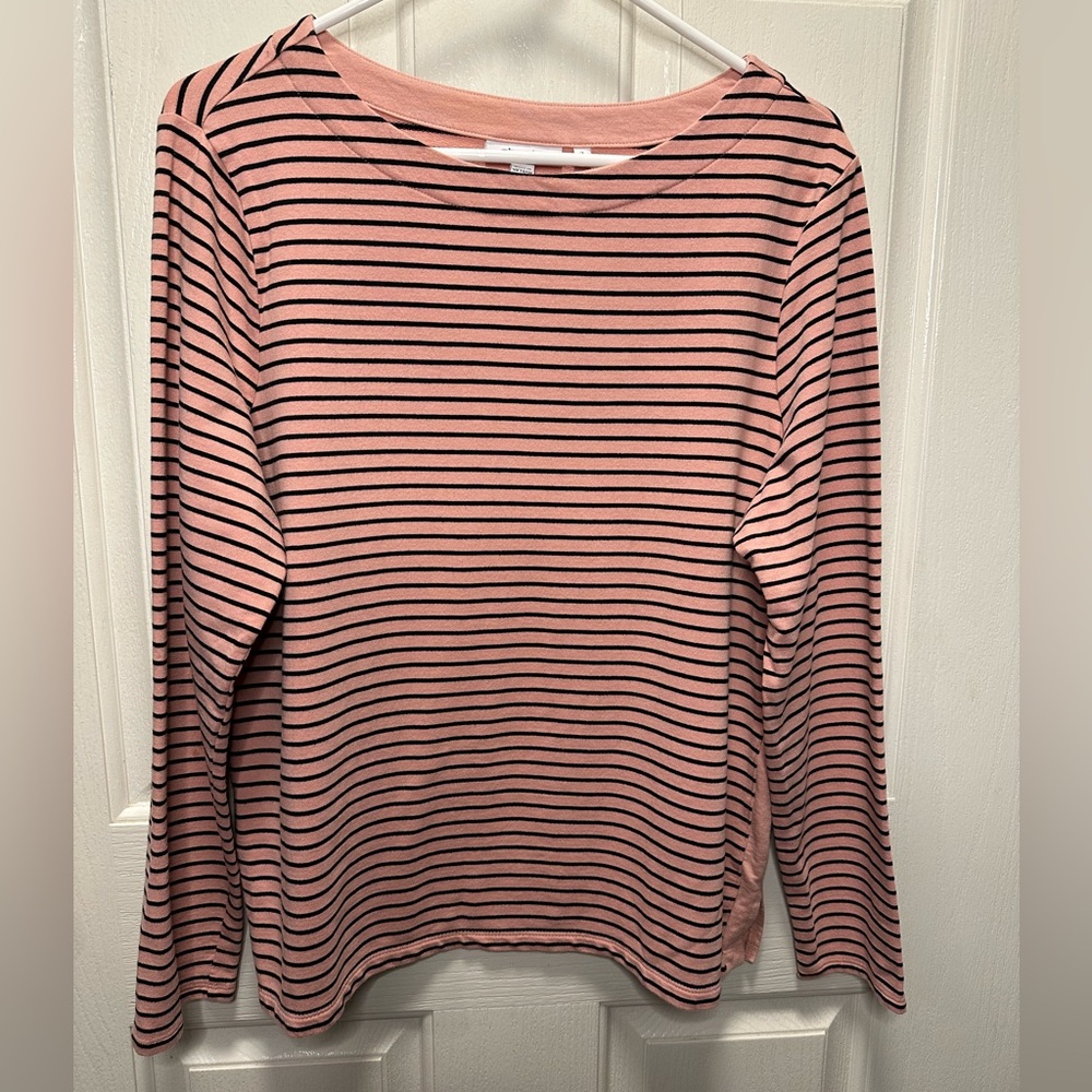 Chico's Zenergy Women’s Long Sleeve Boat Neck Top Pink & Black Stripe Large
